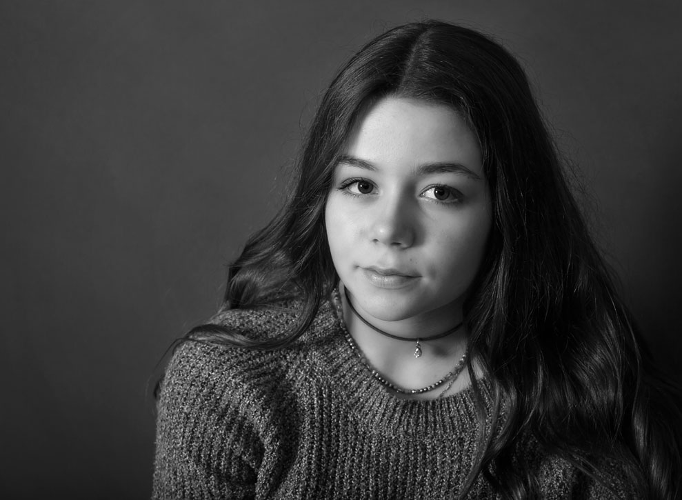 Teen girl in sweater, classic black and white studio portrait – Southern Georgian Bay portrait photographer.